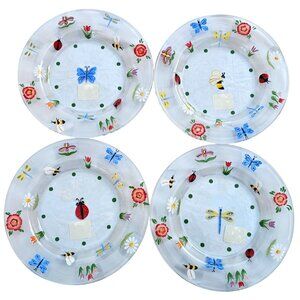 Lenox Natures Splendor Glass Dessert Plates 4 Hand-Painted Floral Insect Design